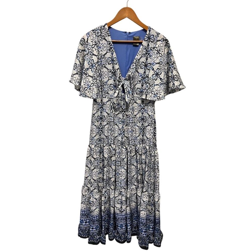 Taylor‎ Women's Size 10 Blue Jacquard Flutter Sleeve Maxi Dress